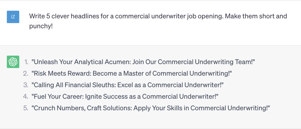 Screenshot of ChatGPT generating headlines for a job post